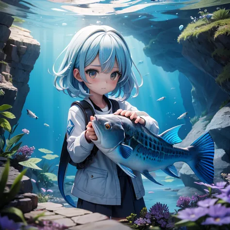 a beautiful girl clutching a coelacanth in one hand, blue cave, she caught it!