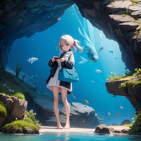 a beautiful girl clutching a coelacanth in one hand, blue cave, she caught it!