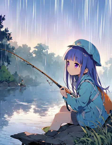 (fishing), (rika furude), blue hair, purple eyes, long hair, blunt bangs, bangs, 1 person,  hat, life jacket, rain jacket, early...