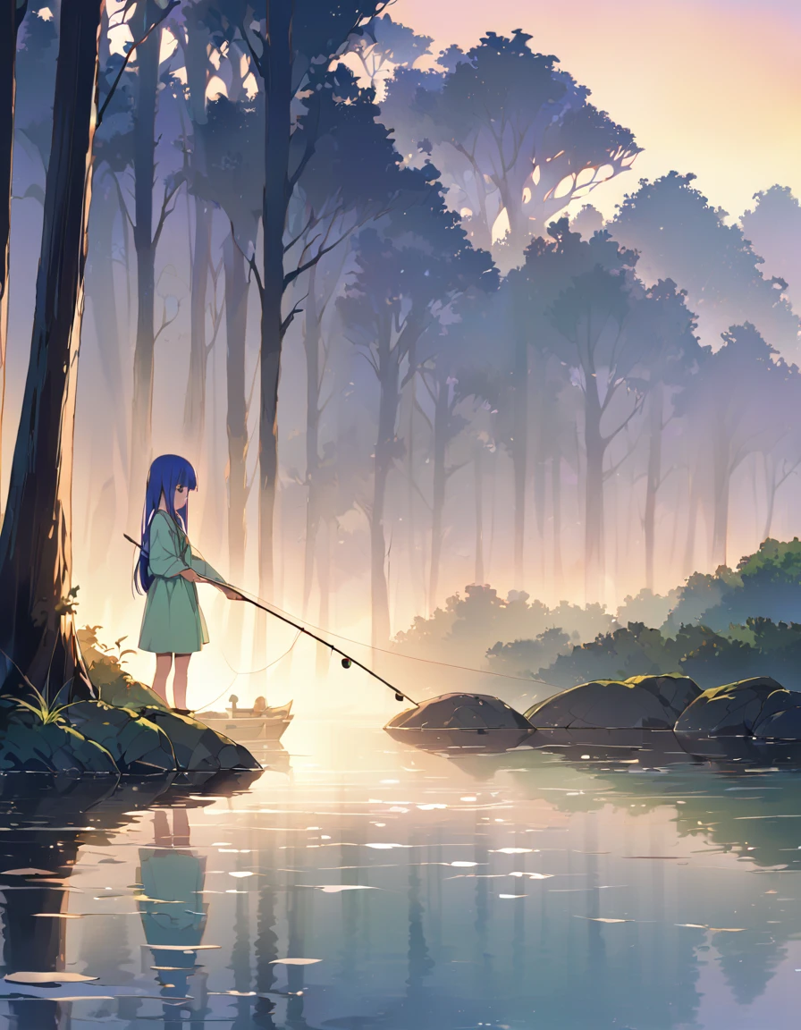 (fishing), (Rika Furude), Blue Hair, Purple eyes, Long Hair, blunt bangs, bangs, woman, 1 person, green dress, Early morning fog, Quiet river, fishing竿を握る手, Trees shrouded in mist々