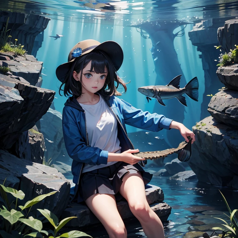 A beautiful girl clutching a coelacanth in one hand, Blue Cave, she caught it!