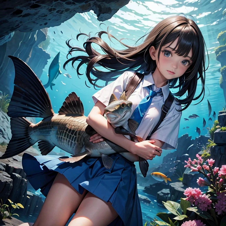 A beautiful girl clutching a coelacanth in one hand, Blue Cave, she caught it!