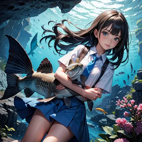 a beautiful girl clutching a coelacanth in one hand, blue cave, she caught it!