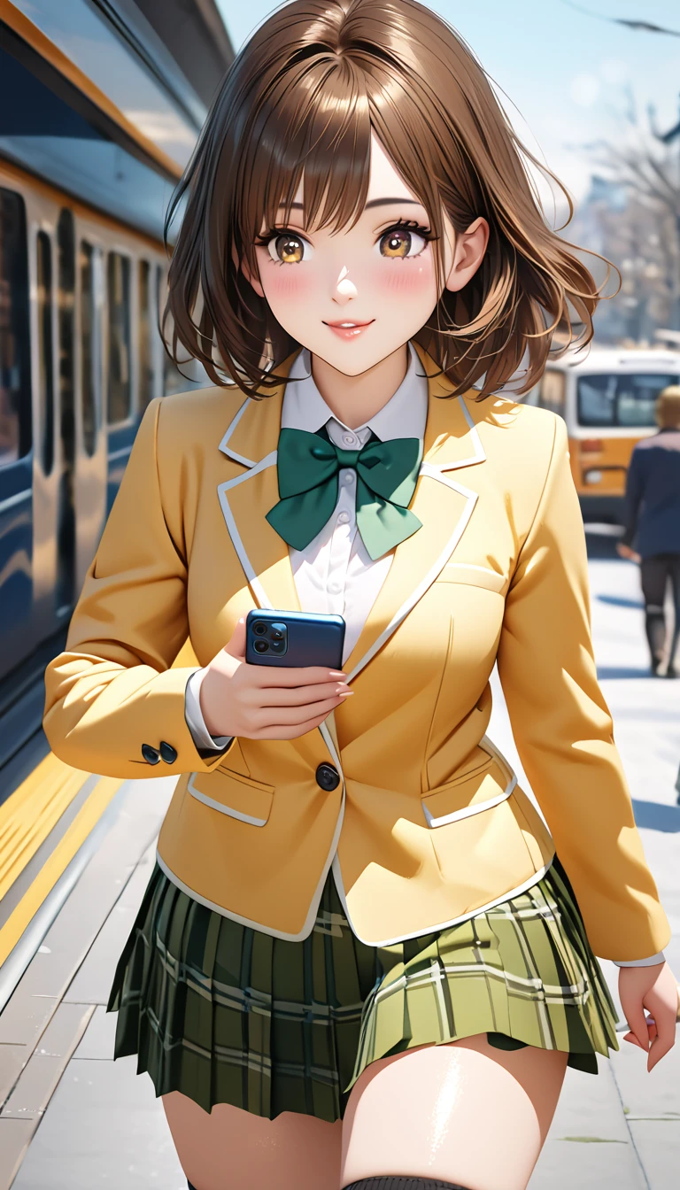 (masterpiece,ultra-detailed,best quality,8K,CG,realistic,illustration:1.2),(perfect-composition,detailed beautiful face,Clean skin,photographical skin,shiny skin,shiny hair, photographical hair,ultra detailed eyes,shaved,kawaii,uncensored:1.1),smile,medium hair, 1girl, solo, brown hair, brown eyes,winter school uniform, green bowtie, white shirt, yellow blazer, buttoned blazer,plaid skirt, green skirt,thigh socks,from front,smile,blushing,walking ,having a smartphone,cowboy shot,school commute ,glossy lips