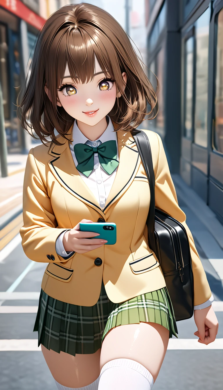 (masterpiece,ultra-detailed,best quality,8K,CG,realistic,illustration:1.2),(perfect-composition,detailed beautiful face,Clean skin,photographical skin,shiny skin,shiny hair, photographical hair,ultra detailed eyes,shaved,kawaii,uncensored:1.1),smile,medium hair, 1girl, solo, brown hair, brown eyes,winter school uniform, green bowtie, white shirt, yellow blazer, buttoned blazer,plaid skirt, green skirt,thigh socks,from front,smile,blushing,walking ,having a smartphone,cowboy shot,school commute ,glossy lips