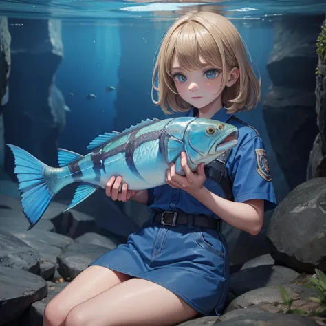 a beautiful girl clutching a coelacanth in one hand, blue cave, she caught it!