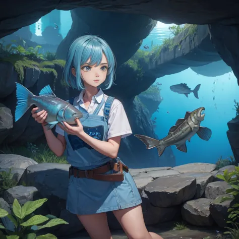 a beautiful girl clutching a coelacanth in one hand, blue cave, she caught it!