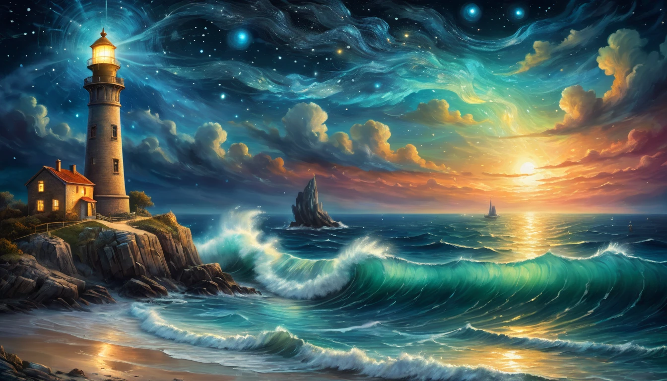 a nocturnal seascape with a lighthouse illuminating a Starry Sky where constellations come to life as Mythical Animals, (Magical Realism:1.5), (Surrealism:1.4), Vivid contrasting colors, (Lighting Effects:1.5), (Starry Sky:1.3), (Mythical Animals:1.4), Artwork Inspired by Vincent Van Gogh, Ivan Aivazovsky, (Josephine Wall:1.2), Popular on deviantart, high resolution, Mysterious and charming atmosphere, (Fantastic quality:1.4)