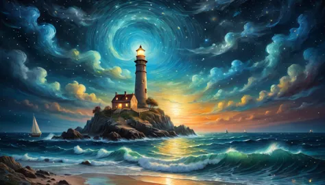 a nocturnal seascape with a lighthouse illuminating a starry sky where constellations come to life as mythical animals, (magical...