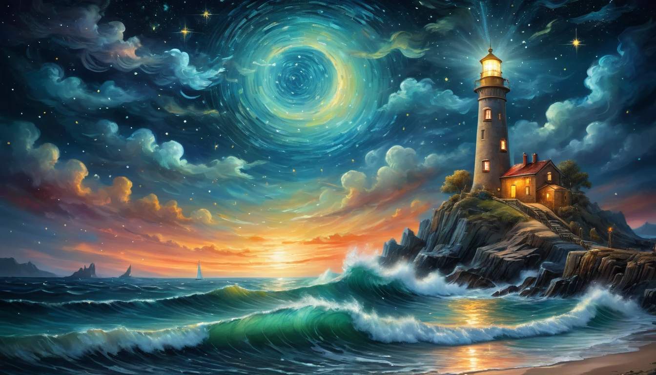 a nocturnal seascape with a lighthouse illuminating a Starry Sky where constellations come to life as Mythical Animals, (Magical Realism:1.5), (Surrealism:1.4), Vivid contrasting colors, (Lighting Effects:1.5), (Starry Sky:1.3), (Mythical Animals:1.4), Artwork Inspired by Vincent Van Gogh, Ivan Aivazovsky, (Josephine Wall:1.2), Popular on deviantart, high resolution, Mysterious and charming atmosphere, (Fantastic quality:1.4)