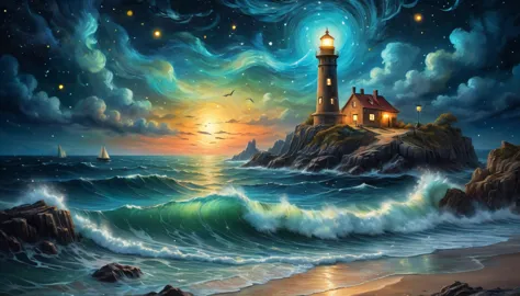 a nocturnal seascape with a lighthouse illuminating a starry sky where constellations come to life as mythical animals, (magical...