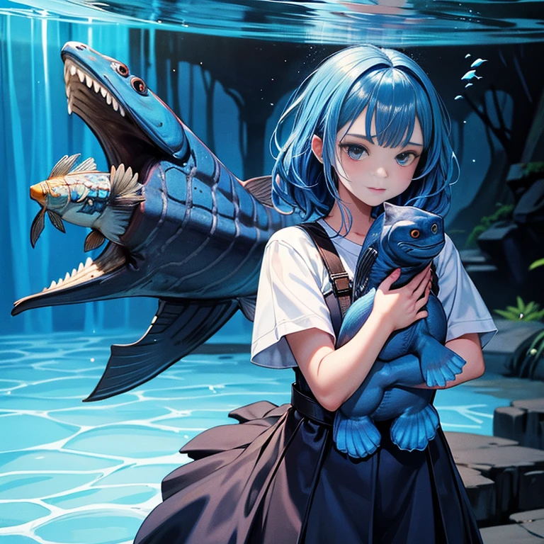 A beautiful girl clutching a coelacanth in one hand, Blue Cave, she caught it!