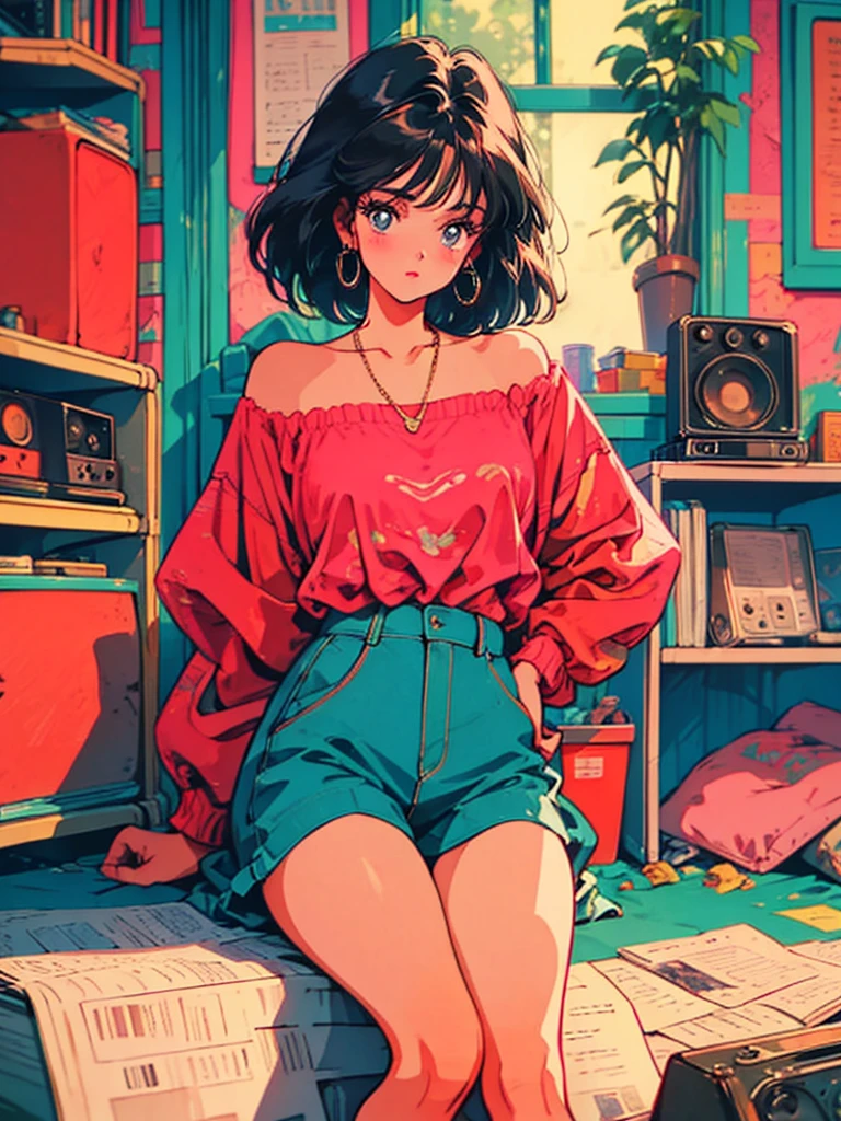 masterpiece, Highest quality, Sitting by the window in my old apartment、Featuring a woman enjoying lofi music playing from a vintage record player. Featuring a casual young woman, Colorful clothing, The atmosphere is nostalgic and dramatic..