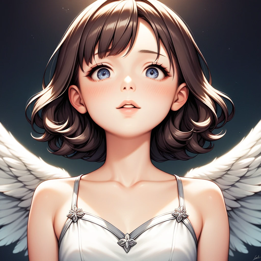 masterpiece, Angel Girl, young，Black right wing and white left wing，Brunette with wings, White dress with feathers, Close-up portrait, Delicate face, , god々A shiny silver dress