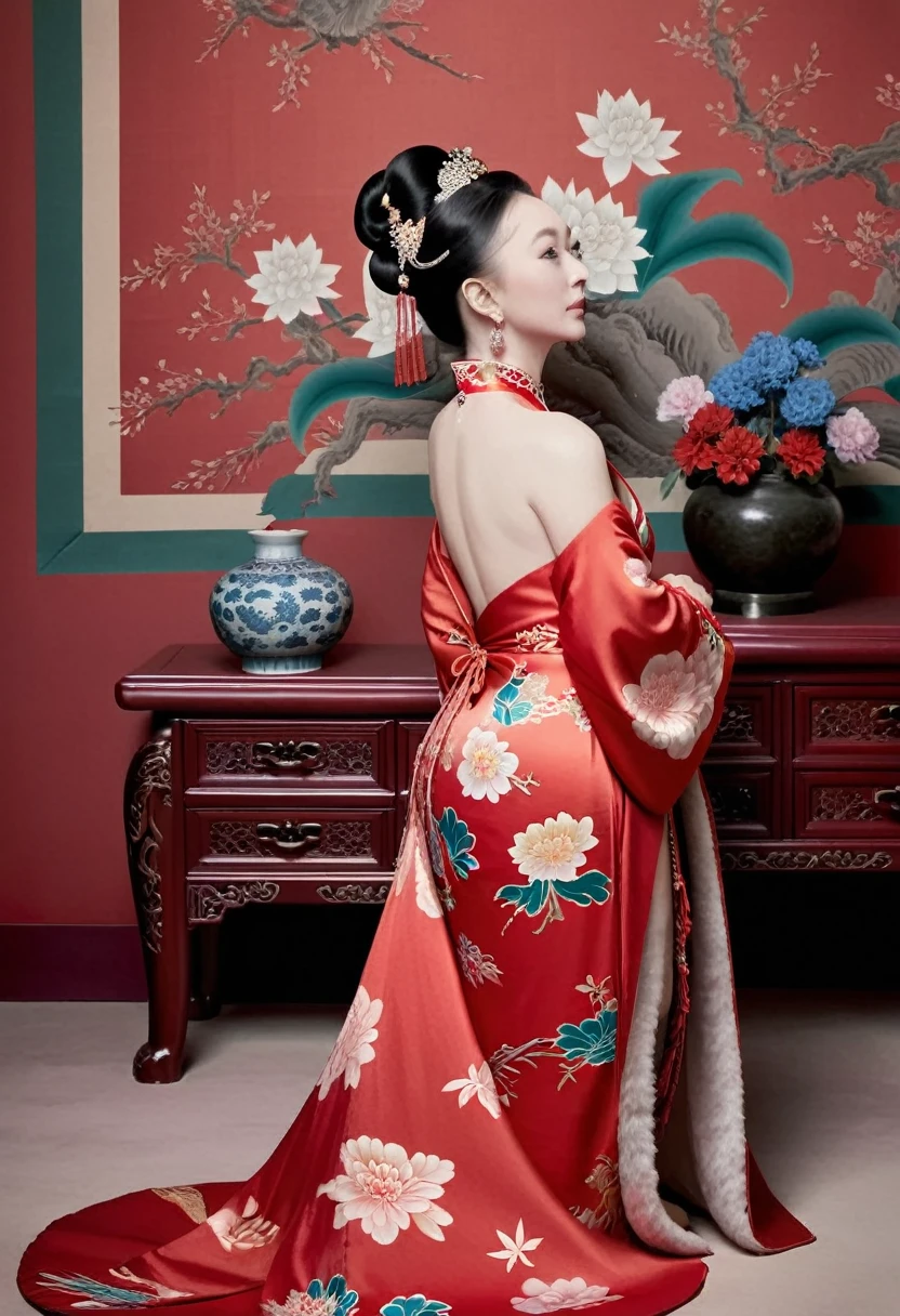 The empress dowager of the Qing Dynasty wears a red floral dress, Completely naked, Her profile is displayed、The butt is sticking out, Posing in the opulent palace of the Qing Dynasty Empress Dowager.