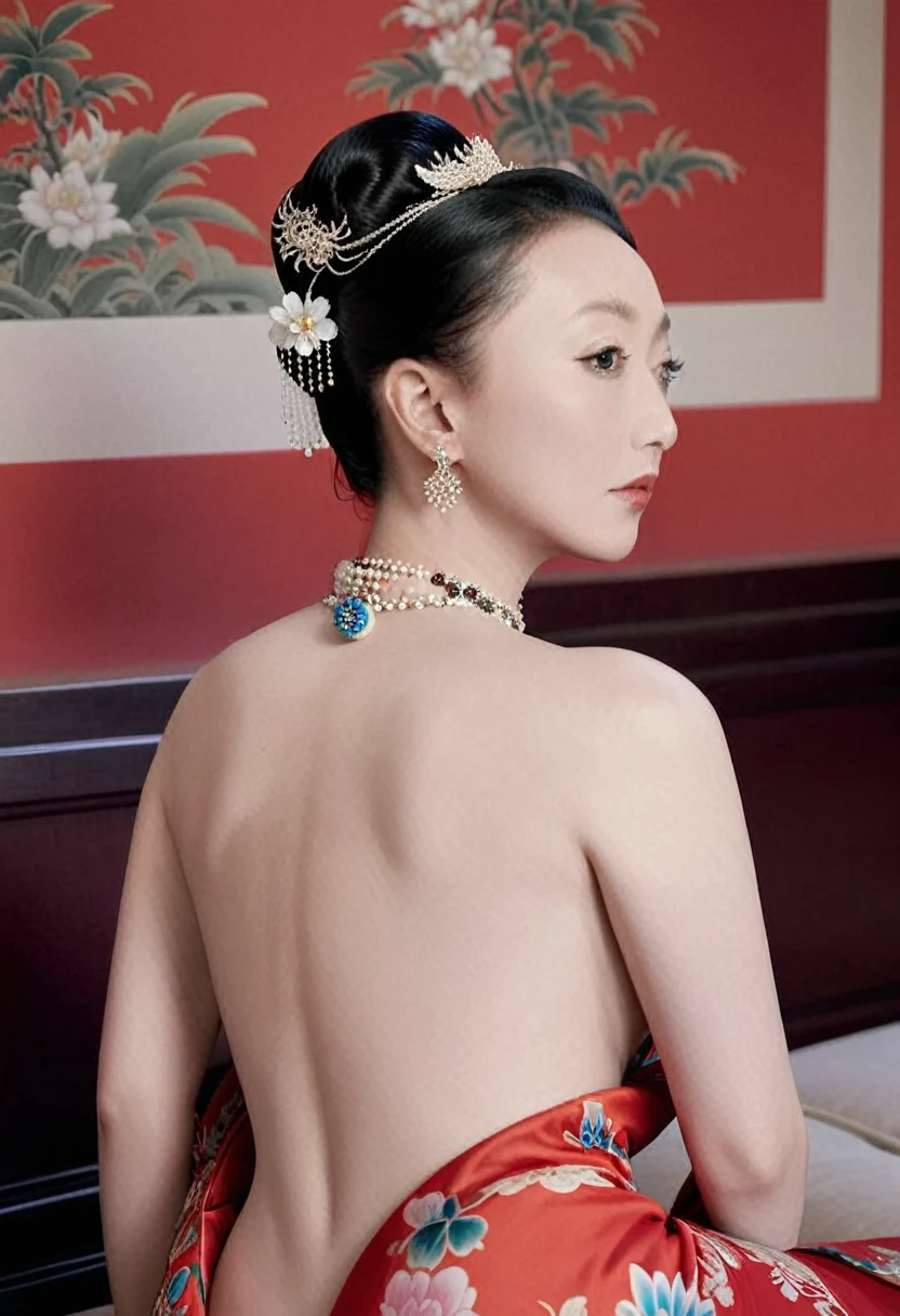 The empress dowager of the Qing Dynasty wears a red floral dress, Completely naked, Her profile is displayed、The butt is sticking out, Posing in the opulent palace of the Qing Dynasty Empress Dowager.