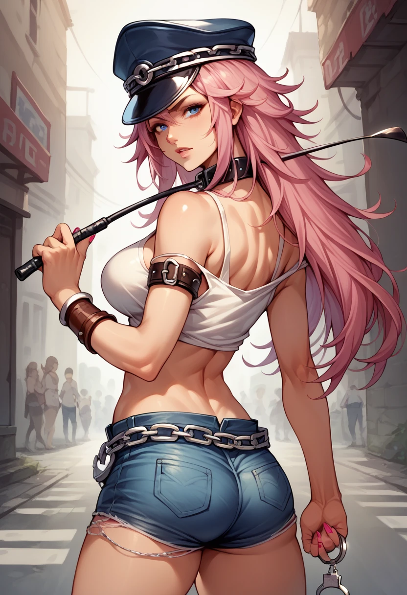 score_9, score_8_up, score_7_up, BREAK, score_9, 1girl, pink hair, long hair, riding crop, peaked cap, collar, tank top, midriff, silver bracelet, off shoulder, nail polish, denim shorts, brown bracelet, armlet, chain belt, handcuff on belt, pumps, blue eyes, looking at viewer, cowboy shot, ass, from behind, street