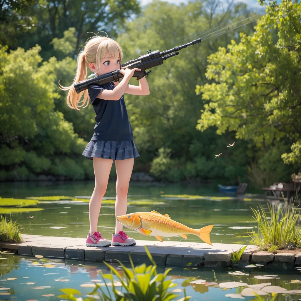 An 8-year-old blonde girl fires a rocket launcher into a fishing pond, sending fish flying everywhere.