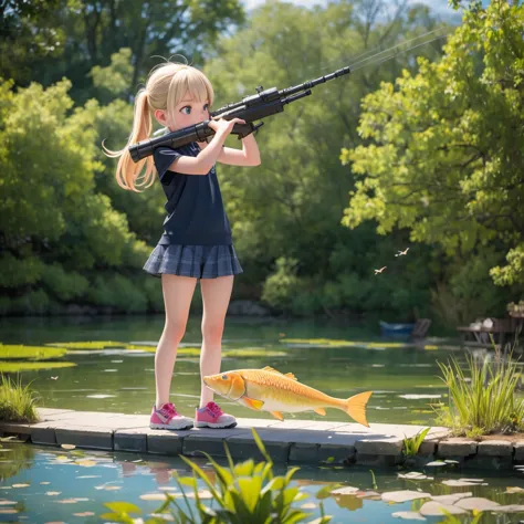 an 8-year-old blonde girl fires a rocket launcher into a fishing pond, sending fish flying everywhere.