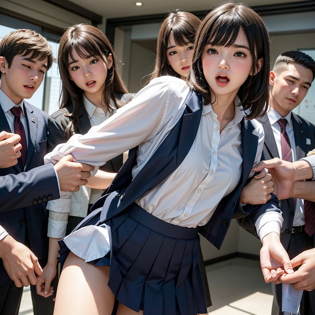 A beautiful innocent girl surrounded by excited high school boys, Cute baby face like an idol, She screams with her mouth open in shame after being molested in public and watched from close range, A high school boy tears off his school uniform, revealing his pure white panties, A high school boy grabs my breasts from behind, A high school boy touches his crotch and white juice drips out, Anatomically correct, Being molested by a group of men, Fleeing, Be surprised to see the viewers, Beautiful wavy medium bob hair, blush, Increased sensitivity, Tears overflow from your beautiful eyes, Ultra high definition, Slender body, Japanese, Close-up on molestation