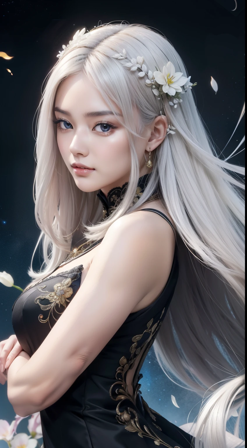 beautiful and detailed woman,Highly detailed eyes and face, eye for detail, Ultra-detailed, high resolution, The contents are very detailed.,best quality,enlightenment,unified,8k wallpaper,masterpiece,best quality,distant view，1 girl，Telegraph slang，look at the viewer，Face the viewer，flowing white hair，long gray hair，Black long dress，abstract background：very cool，The Flame of Light，Random dynamic poses，Surreal 8000 grams，Perfect，masterpiece，professional work，famous work，movie lights，flower of movies，Perfect 얼굴，beautiful face，fanciful，Magical dreams，it&#39;s not real，intricate details，delicate pattern