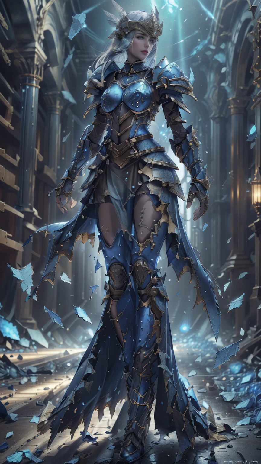 Lenneth from 'Valkyrie profile', blue plate mech4rmor, blue breastplate armor (broken/damaged), (damaged armor exposing random skin:1.37), thigh cutout, long skirt,belt,white head ornament,
standing,upper body,arms behind back,
light smile,
plains,castle,
(insanely detailed,  masterpiece, best quality),solo, 