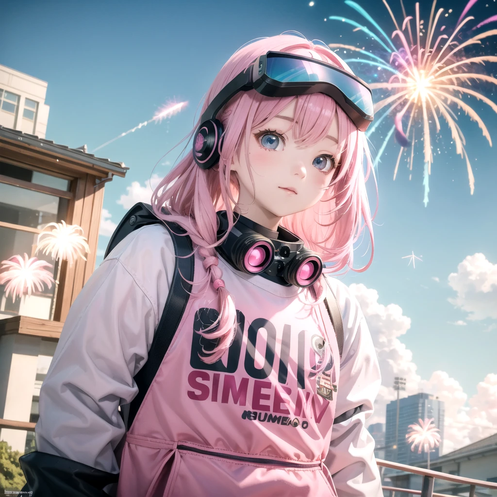 Pink haired elementary school student、vr goggles、Aurora、Humanoid Robot、Summer vacation、homework、hot summer、Drone in the sky、firework、future、2050、Afutureの世界、cyber-
