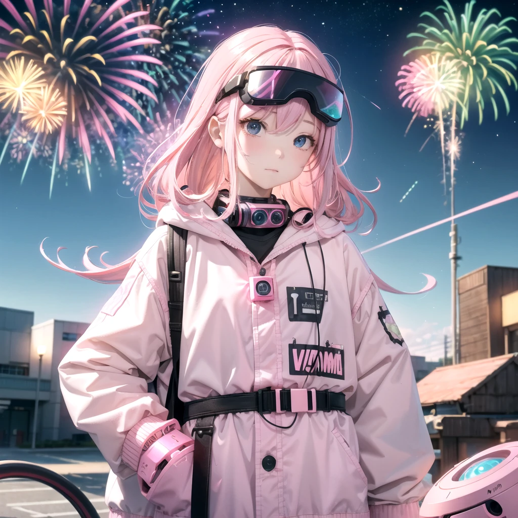 Pink haired elementary school student、vr goggles、Aurora、Humanoid Robot、Summer vacation、homework、hot summer、Drone in the sky、firework、future、2050、Afutureの世界、cyber-
