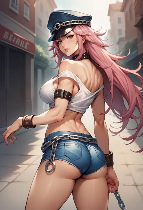 score_9, score_8_up, score_7_up, break, score_9, 1girl, pink hair, long hair, peaked cap, collar, tank top, midriff, silver brac...