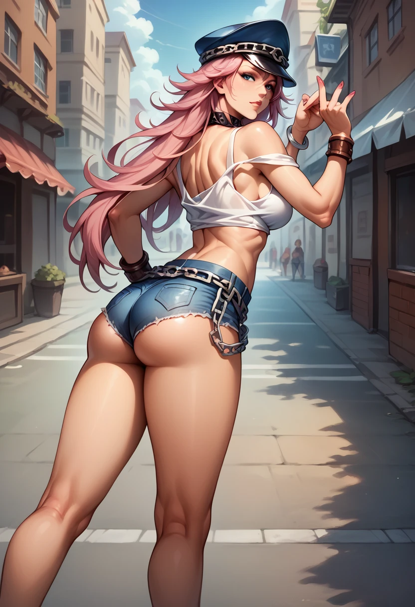 score_9, score_8_up, score_7_up, BREAK, score_9, 1girl, pink hair, long hair, peaked cap, collar, tank top, midriff, silver bracelet, off shoulder, nail polish, denim shorts, brown bracelet, armlet, chain belt, pumps, blue eyes, looking at viewer, cowboy shot, ass, from behind, street