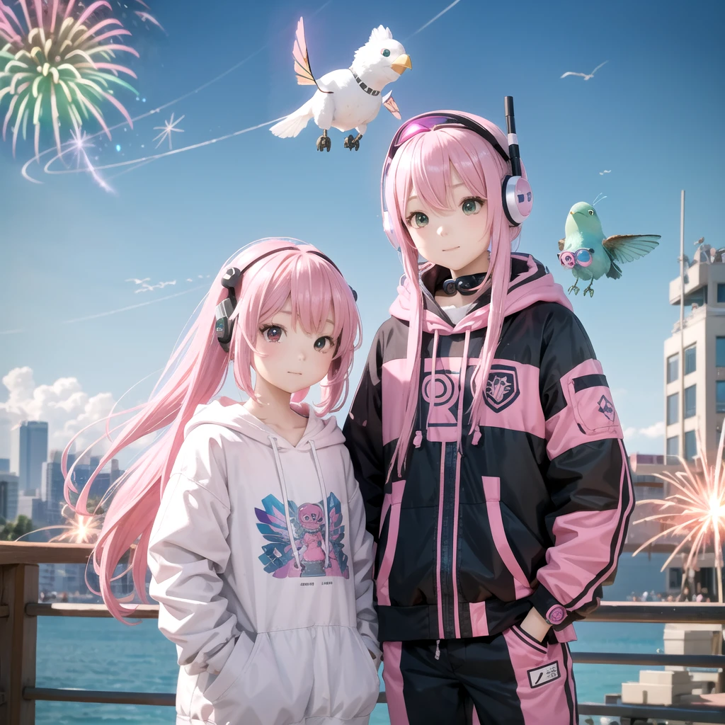 Pink haired elementary school student、vr goggles、Aurora、Humanoid Robot、Summer vacation、homework、hot summer、Drone in the sky、firework、future、2050、Afutureの世界、cyber-、Robot Dog、robot bird、Robot Cicada