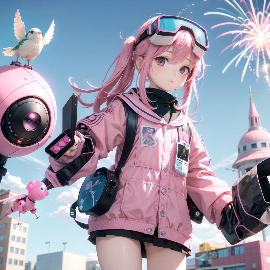 Pink haired elementary school student、vr goggles、Aurora、Humanoid Robot、Summer vacation、homework、hot summer、Drone in the sky、firework、future、2050、Afutureの世界、cyber-、Robot Dog、robot bird、Robot Cicada