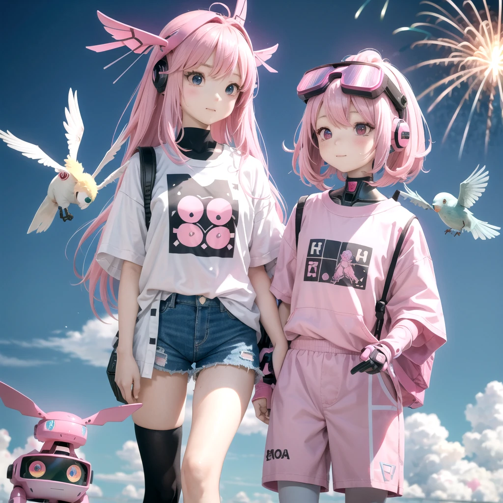 Pink haired elementary school student、vr goggles、Aurora、Humanoid Robot、Summer vacation、homework、hot summer、Drone in the sky、firework、future、2050、Afutureの世界、cyber-、Robot Dog、robot bird、Robot Cicada、Short sleeve shorts、Cool-looking outfit
