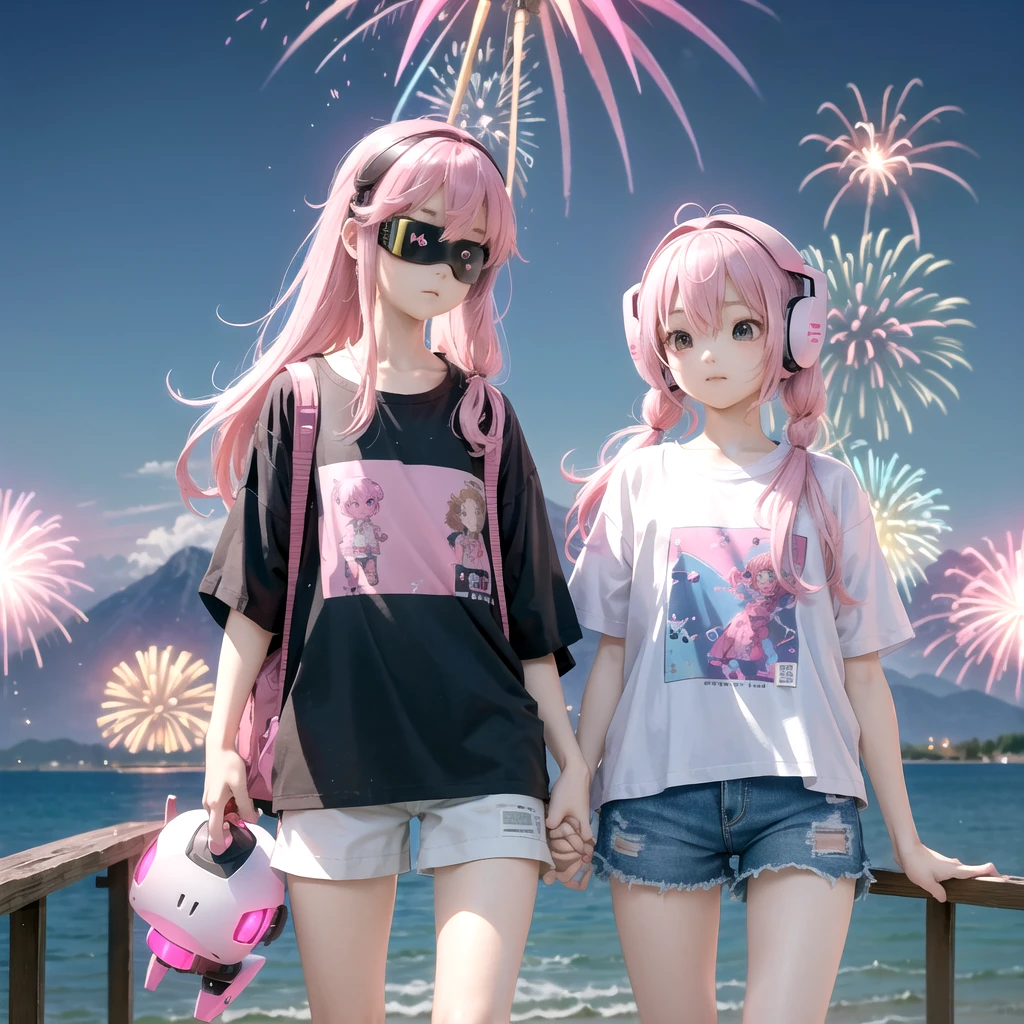 Pink haired elementary school student、Sister and Brother、vr goggles、Aurora、Humanoid Robot、Summer vacation、homework、hot summer、Drone in the sky、firework、future、2050、Afutureの世界、cyber-、Robot Dog、robot bird、Robot Cicada、Short sleeve shorts、Cool-looking outfit
