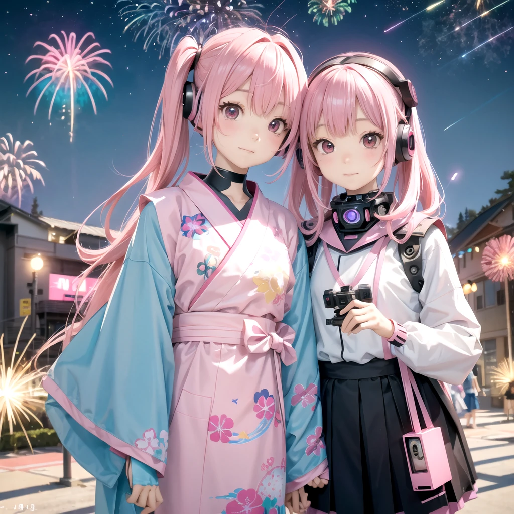 Pink haired elementary school student、Sister and Brother、vr goggles、Aurora、Humanoid Robot、Summer vacation、homework、hot summer、Drone in the sky、firework、future、2050、Afutureの世界、cyber-、Robot Dog、robot bird、Robot Cicada、yukata
