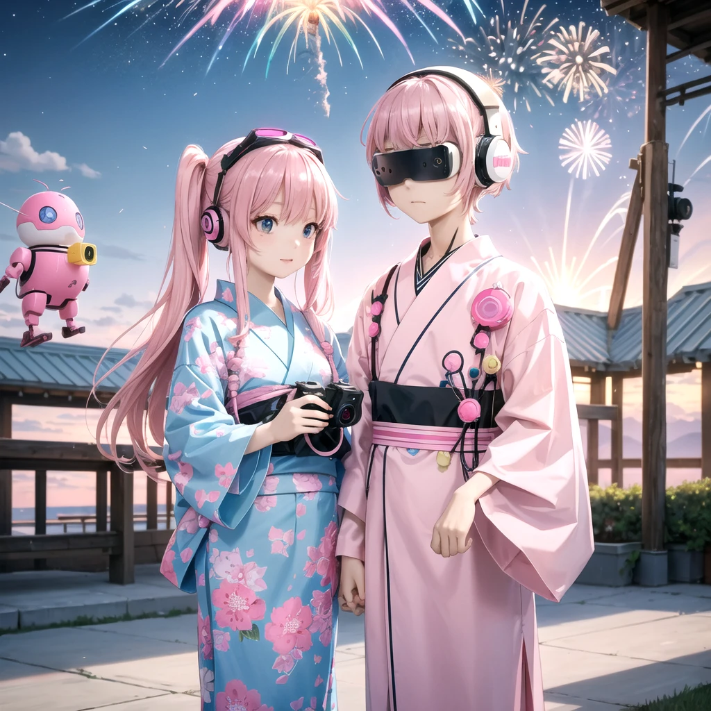 Pink haired elementary school student、Sister and Brother、vr goggles、Aurora、Humanoid Robot、Summer vacation、homework、hot summer、Drone in the sky、firework、future、2050、Afutureの世界、cyber-、Robot Dog、robot bird、Robot Cicada、yukata
