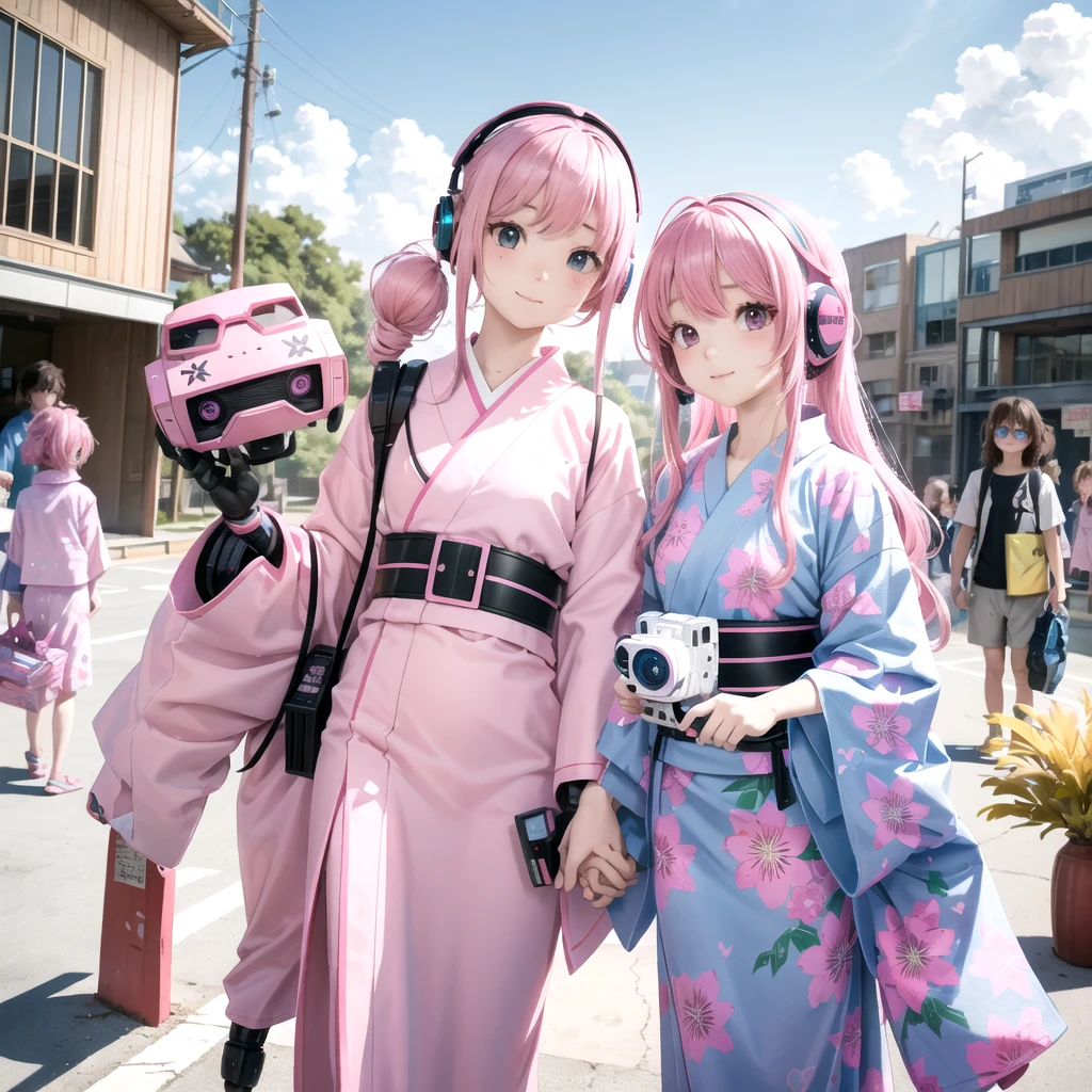 Pink haired elementary school student、Sister and Brother、vr goggles、Aurora、Humanoid Robot、Summer vacation、homework、hot summer、Drone in the sky、firework、future、2050、Afutureの世界、cyber-、Robot Dog、robot bird、Robot Cicada、yukata
