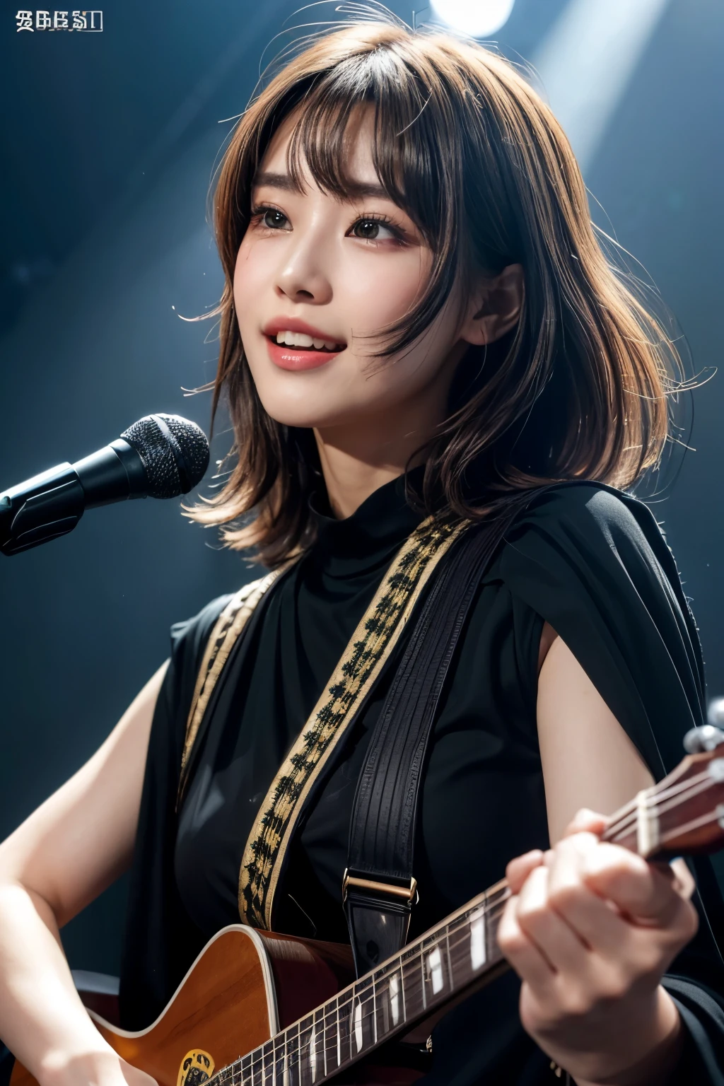 realistic, singing while playing the black electric guitar, the left hand is holding down the guitar strings, the right hand is strumming the guitar, short stature, on the stage of the concert, brightly lit by spotlights on the stage, extremely bright lighting, singing passionately, wearing black gorgeous and dark costume whole the body, short-length hi-blight bronde hair, hair is blowing in the wind, hair is shaggy and dishevelled, beautiful white-colored translucent skin, sweat splashes, slendar figure, heavy and vivid makeup, shaped nose, smooth shaped jawline, glossy face, heavy flushed cheeks, big smile, close up shot