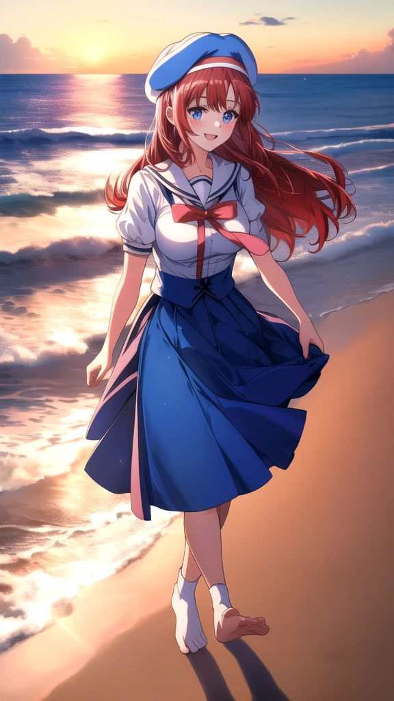 kotorishirakawa, ((masterpiece, best quality, highres, distinct_image)), 
extremely beautiful and delicate, extremely detailed, intricate detail, 1girl, solo, short stack, huge breasts, red hair, long hair, straight hair, blue eyes, BREAK skirt, hat, school uniform, short sleeves, socks, puffy sleeves, puffy short sleeves, beret, Cute Smile Open your mouth, Are standing, (She walked along the beach in the sunset, her bare feet touching the water, the closest she came to seeing that smile:1.1), Two Arms, (cinematic angle:1.1),