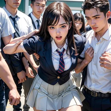 a pure and beautiful girl surrounded by excited high school students, school uniform is torn and molested, she is embarrassed to...