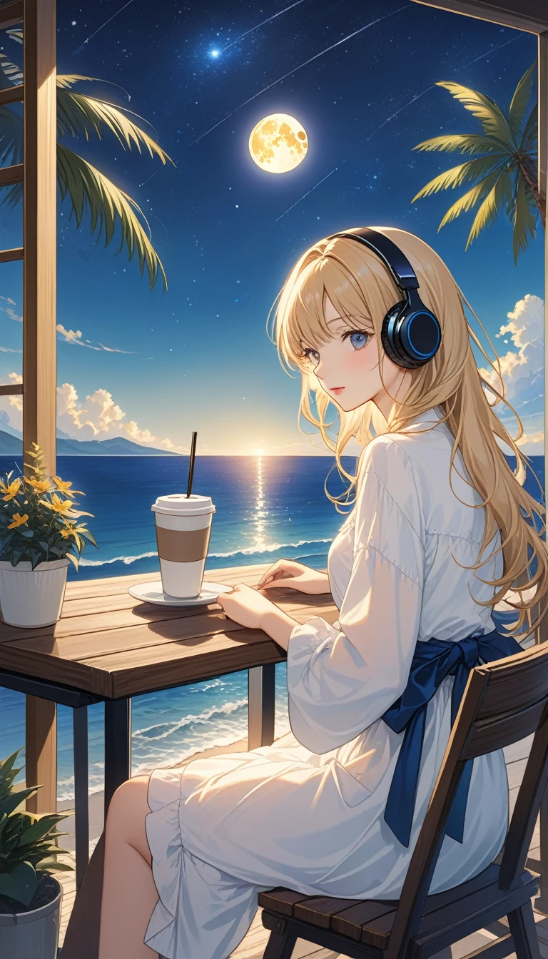 (super masterpiece　Ultra high quality　Ultra HD　Ultra-high resolution) Lo-fi style、anime、(Sea of night)、(A woman wearing headphones sits at an outdoor table in a cafe and looks out at the sea) (Anatomically correct)、２０age、Beautiful Eyes(eye) Hair is about waist length　Hair color is light golden、Casual clothing、(Anatomically correct)　Starry Sky、moon、coffee、Palm tree、There are a few small potted plants.、Stylish、