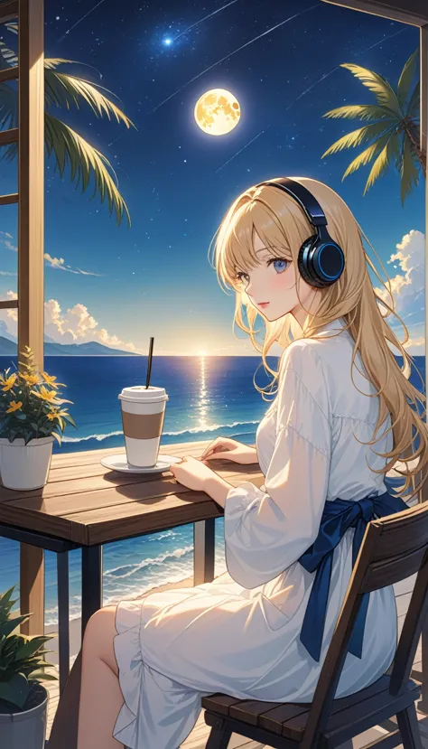 (super masterpiece　ultra high quality　ultra hd　ultra-high resolution) lo-fi style、anime、(sea of night)、(a woman wearing headphon...