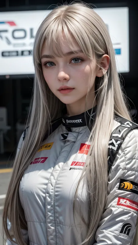 create a woman with long, straight gray hair. she wears bangs and her hair is very light blonde. she is dressed in a formula 1 d...