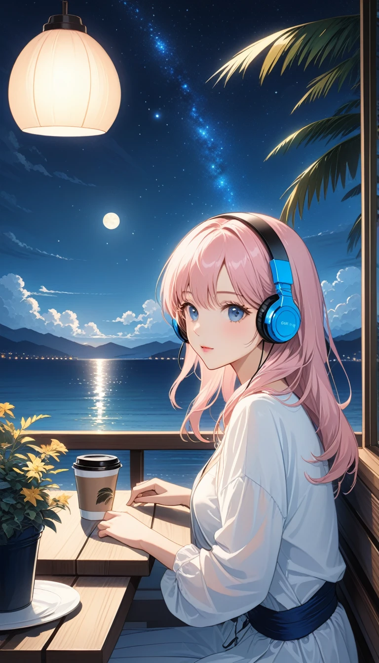 (super masterpiece　Ultra high quality　Ultra HD　Ultra-high resolution) Lo-fi style、anime、(Sea of night)、(A woman wearing headphones sits at an outdoor table in a cafe and looks out at the sea) (Anatomically correct)、２０age、Beautiful Eyes(eye) Hair is about waist length　Hair color is light pink、Casual clothing、(Anatomically correct)　Starry Sky、coffee、Palm tree、There are a few small potted plants.、(Stylish) (It has a dim and moody atmosphere.)