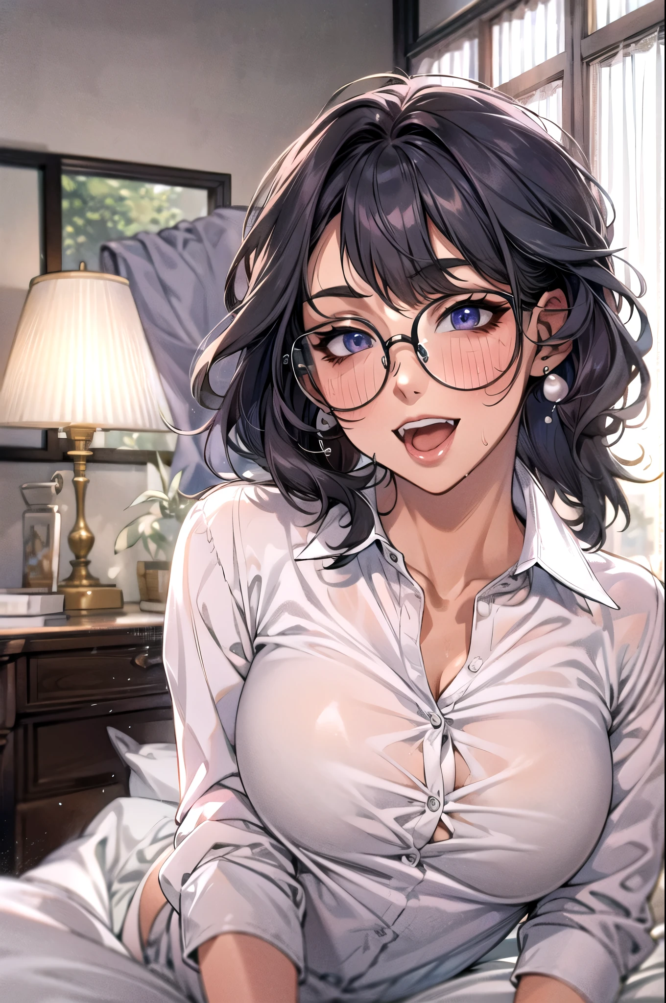 （（super high quality,Ultra-high resolution,4K,8k,super masterpiece,Ultra HD ,Detailed shading））,Dimly lit bedroom,Full body photo,sexy mother,Lying on a lilac bed,A white shirt with the collar turned up,Tight collar,Cleavage,Long sleeve,Black Pencil Skirt,Short black hair,Glasses,Embarrassing,blush,Sweaty,Pearl Earrings,Pearl Necklace,Engagement Rings,