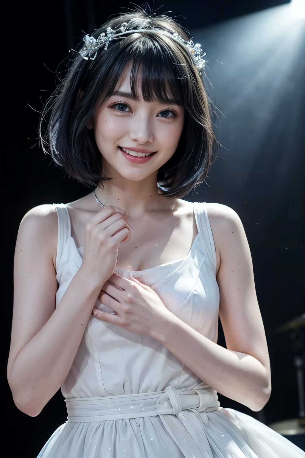 realistic, on the stage of the concert, brightly lit by spotlights on the stage, extremely bright lighting, wearing luxury blue dress, exposed a chest, singing while smiling, wearing like a tiara on the head, short bob hairstyle, light blue hair, hair is blowing in the wind, hair is shaggy and dishevelled, beautiful white-colored translucent skin and face, sweat splashes, slendar figure, heavy and vivid makeup, small nose, smooth shaped jawline, glossy face, heavy flushed cheeks, big smile, close-up shot