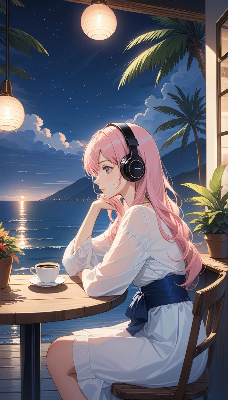 (super masterpiece　Ultra high quality　Ultra HD　Ultra-high resolution) Lo-fi style、anime、(Sea of night)、(A woman wearing headphones sits at an outdoor table in a cafe and looks out at the sea) (Anatomically correct)、２０age、Beautiful Eyes(eye) Hair is about waist length　Hair color is light pink、Stylishなラフな服装、(Anatomically correct)　Starry Sky、coffee、Palm tree、There are a few small potted plants.、(Stylish) (A dim and moody atmosphere)　Close-up image