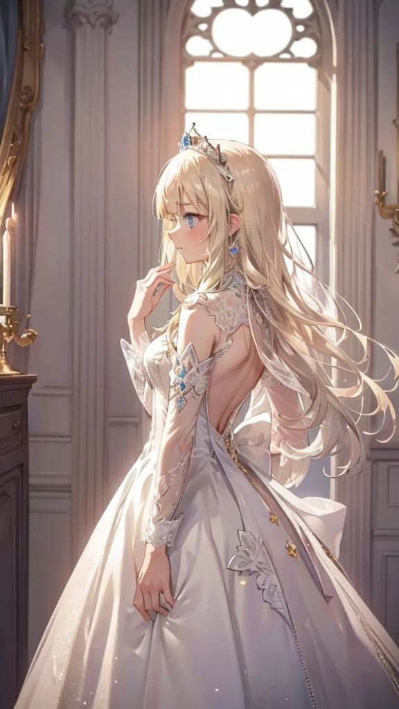 beautiful illustration, best quality, cute girl, indoor, (princess), white dress, tiara, (petite), blond long hair, from side, castle, cowboy shot