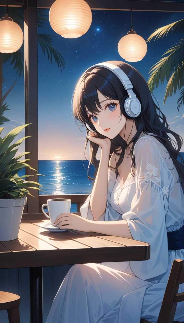 (super masterpiece　Ultra high quality　Ultra HD　Ultra-high resolution) Lo-fi style、anime、(Sea of night)、(A woman wearing headphones sits at an outdoor table in a cafe and looks out at the sea) (Anatomically correct)、1、Beautiful Eyes(eye) Hair is about waist length　Hair color is light pink、Stylishなラフな服装、(Anatomically correct)　Starry Sky、coffee、Palm tree、There are a few small potted plants.、(Stylish) (A dim and moody atmosphere)　Close-up image