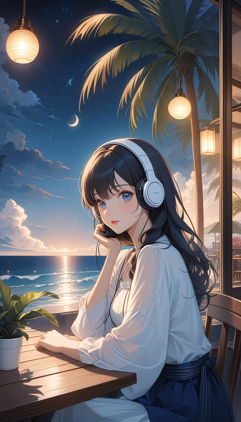 (super masterpiece　Ultra high quality　Ultra HD　Ultra-high resolution) Lo-fi style、anime、(Sea of night)、(A woman wearing headphones sits at an outdoor table in a cafe and looks out at the sea) (Anatomically correct)、1、Beautiful Eyes(eye) Hair is about waist length　Hair color is light pink、Stylishなラフな服装、(Anatomically correct)　Starry Sky、coffee、Palm tree、There are a few small potted plants.、(Stylish) (A dim and moody atmosphere)　Close-up image